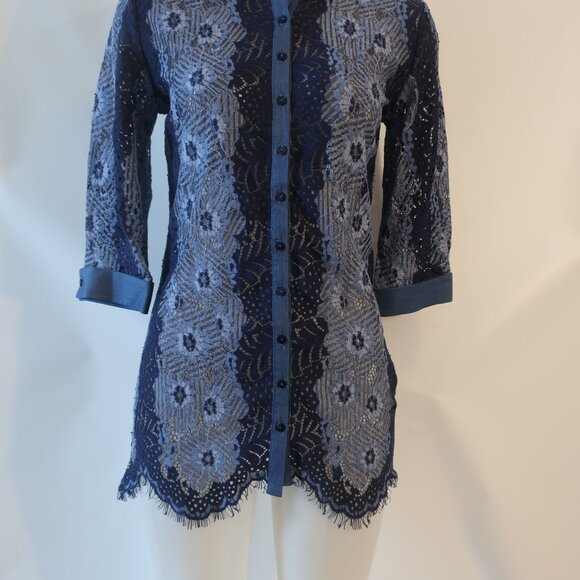 Womens Anne Fontaine Blue Navy Lace Blouse Top 36 US (0-2) - Picture 5 of 13